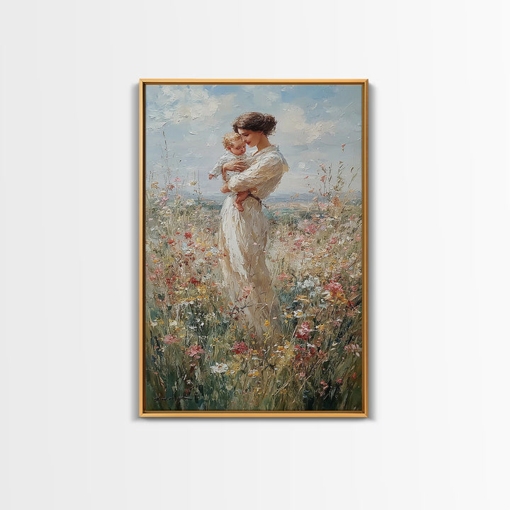 Mother And Baby Among Daisies And Wildflowers Framed Canvas Print, Impressionist Painting, Nursery Wall Art, Gift For Mom