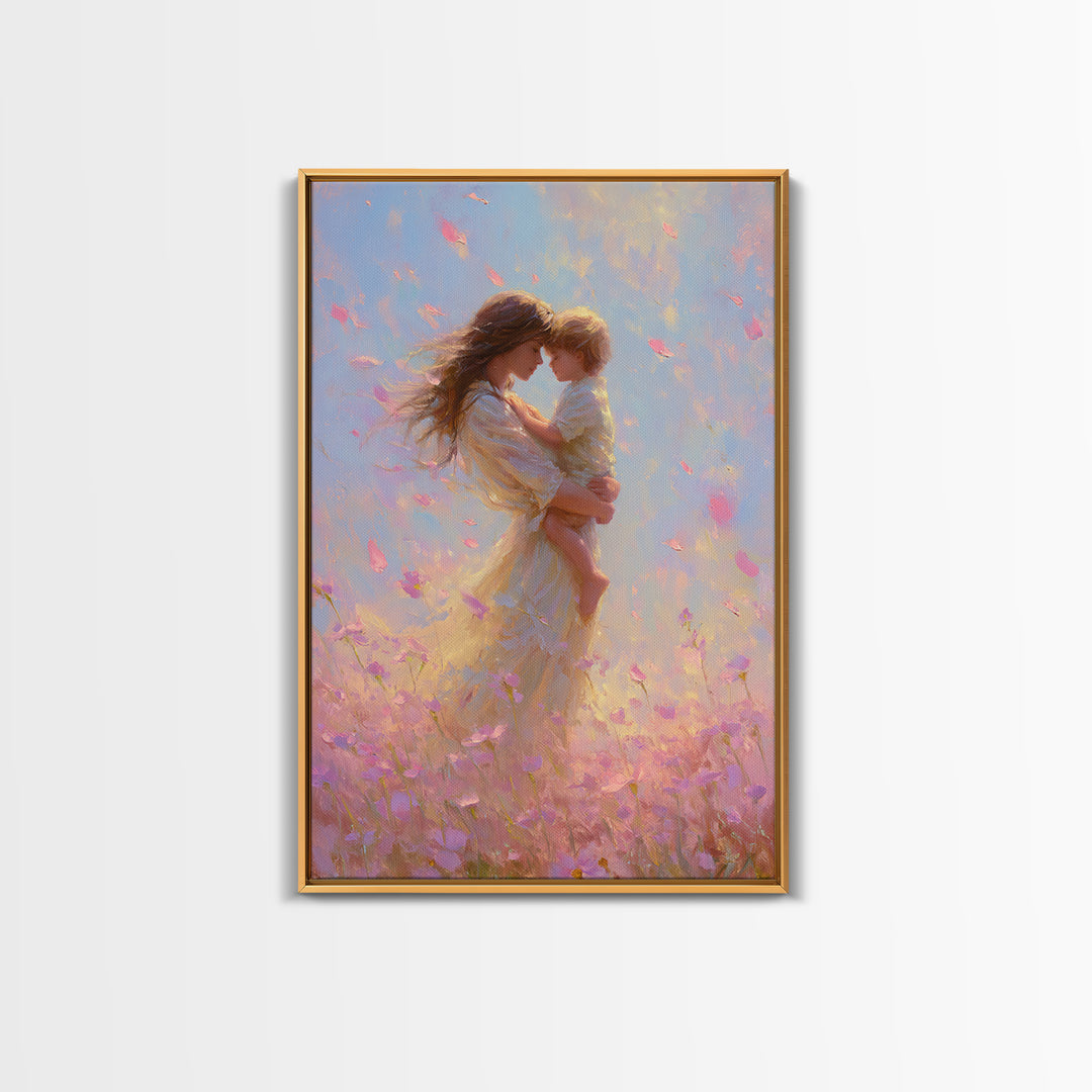 Mother Holding Child In Pink Petal Meadow Framed Canvas Print, Dreamy Impressionist Painting, Feminine Wall Art, Gift For Mom