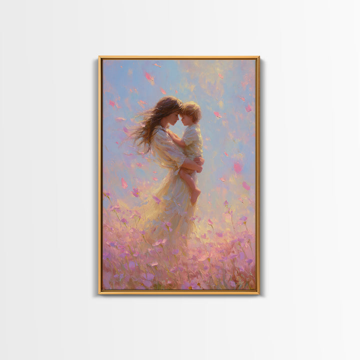 Mother Holding Child In Pink Petal Meadow Framed Canvas Print, Dreamy Impressionist Painting, Feminine Wall Art, Gift For Mom