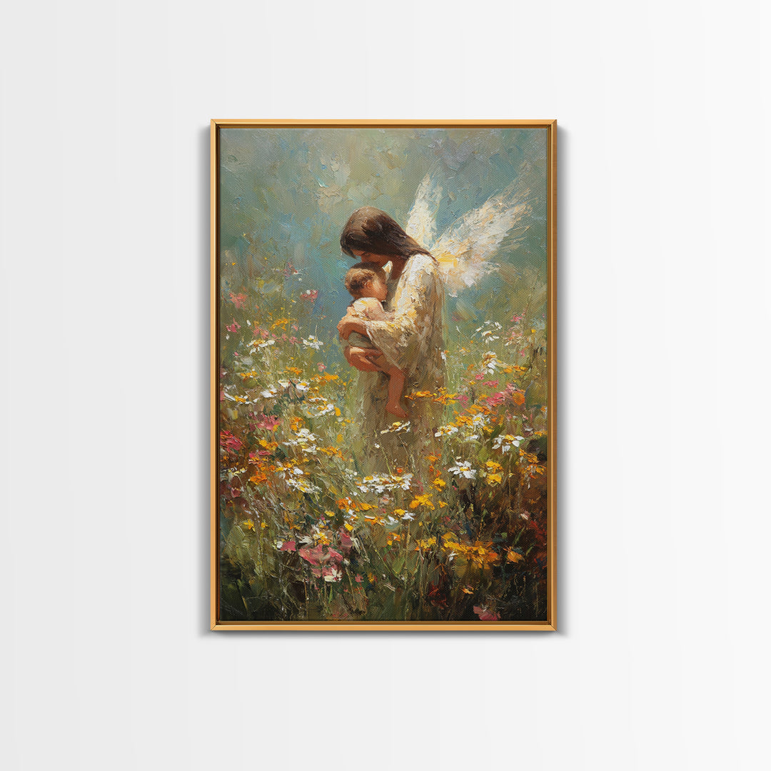 Angel Mother Holding Baby In Wildflower Meadow Framed Canvas Print, Guardian Angel Nursery Art, Spiritual Gift For Mom, Home Decor