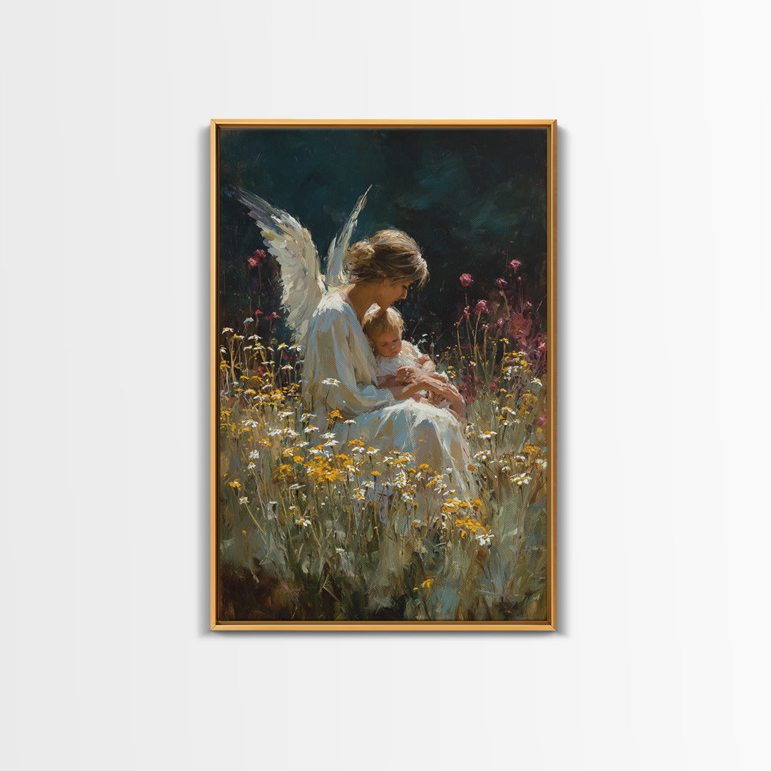Seated Guardian Angel With Baby In Daisy Meadow Canvas Print, Spiritual Nursery Wall Art, Gift For Her, Moody Home Decor