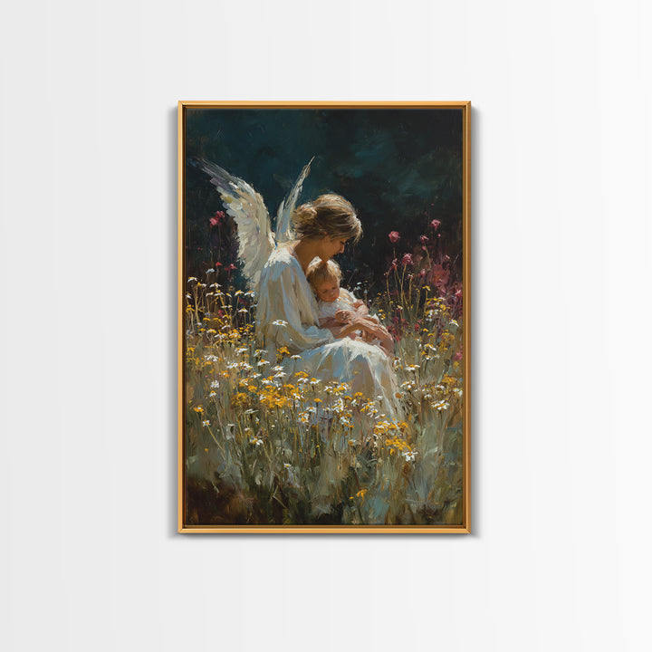 Seated Guardian Angel With Baby In Daisy Meadow Canvas Print, Spiritual Nursery Wall Art, Gift For Her, Moody Home Decor
