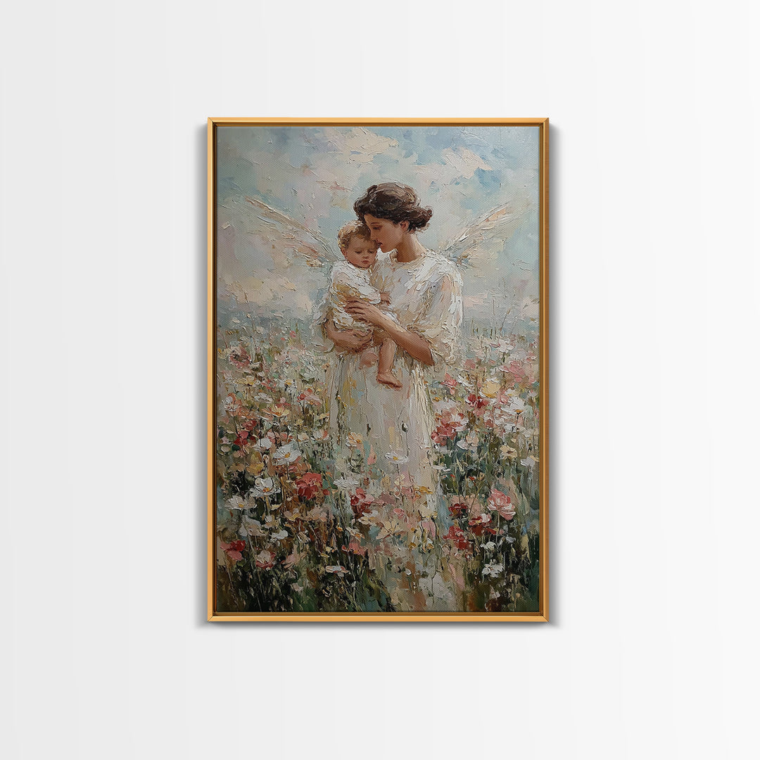 Tender Angel Mother And Baby In Flower Field Framed Canvas Print, Spiritual Wall Art, Nursery Decor, Gift For Mom, Fine Art Print