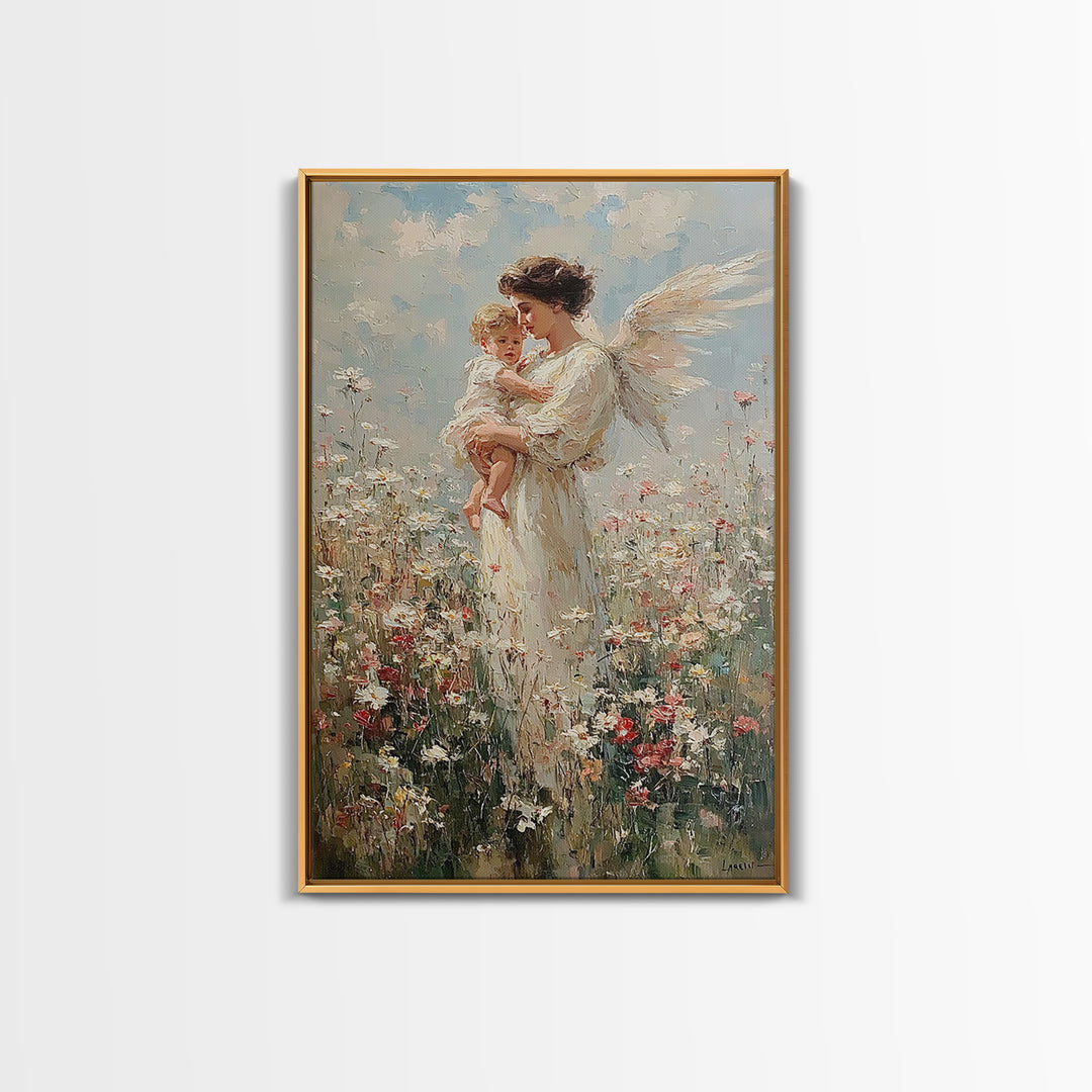 Standing Guardian Angel Holding Baby In Wildflower Field Canvas Print, Spiritual Wall Art, Nursery Decor, Gift For Mom, Home Decor