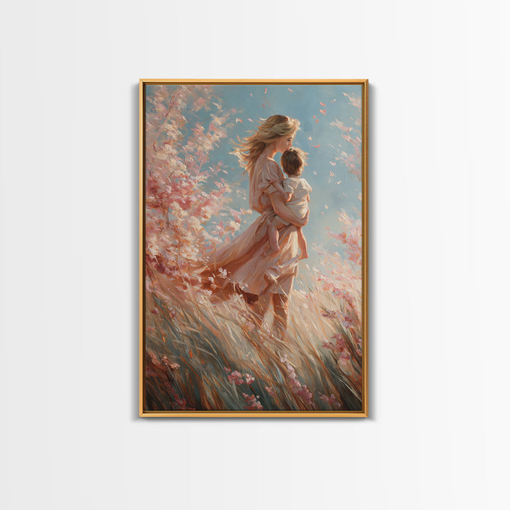 Windblown Angel Mother Carrying Baby Through Pink Blossoms Canvas Print, Feminine Spiritual Wall Art, Gift For Mom, Nursery Decor