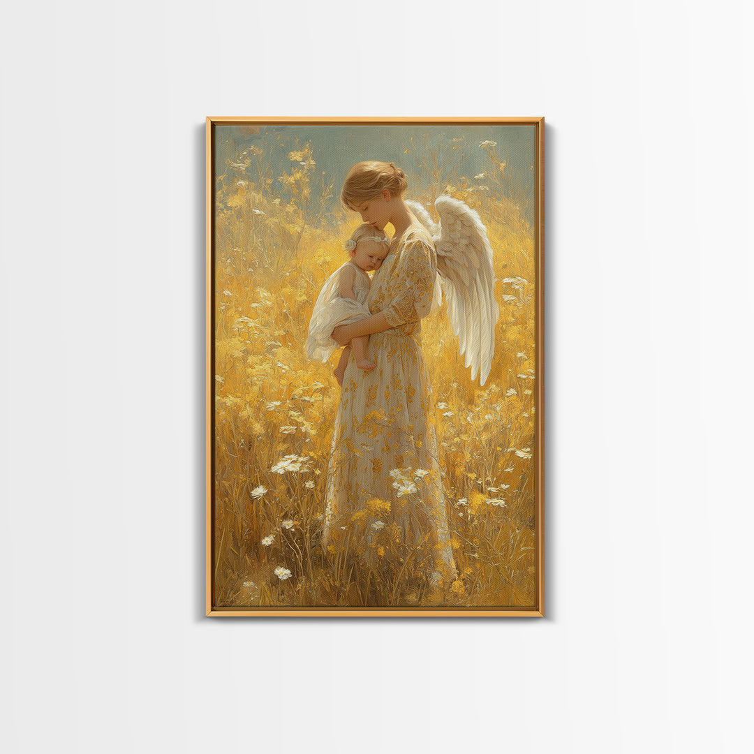 Golden Meadow Angel Holding Sleeping Baby Framed Canvas Print, Spiritual Nursery Wall Art, Gift For Mom, Christian Home Decor