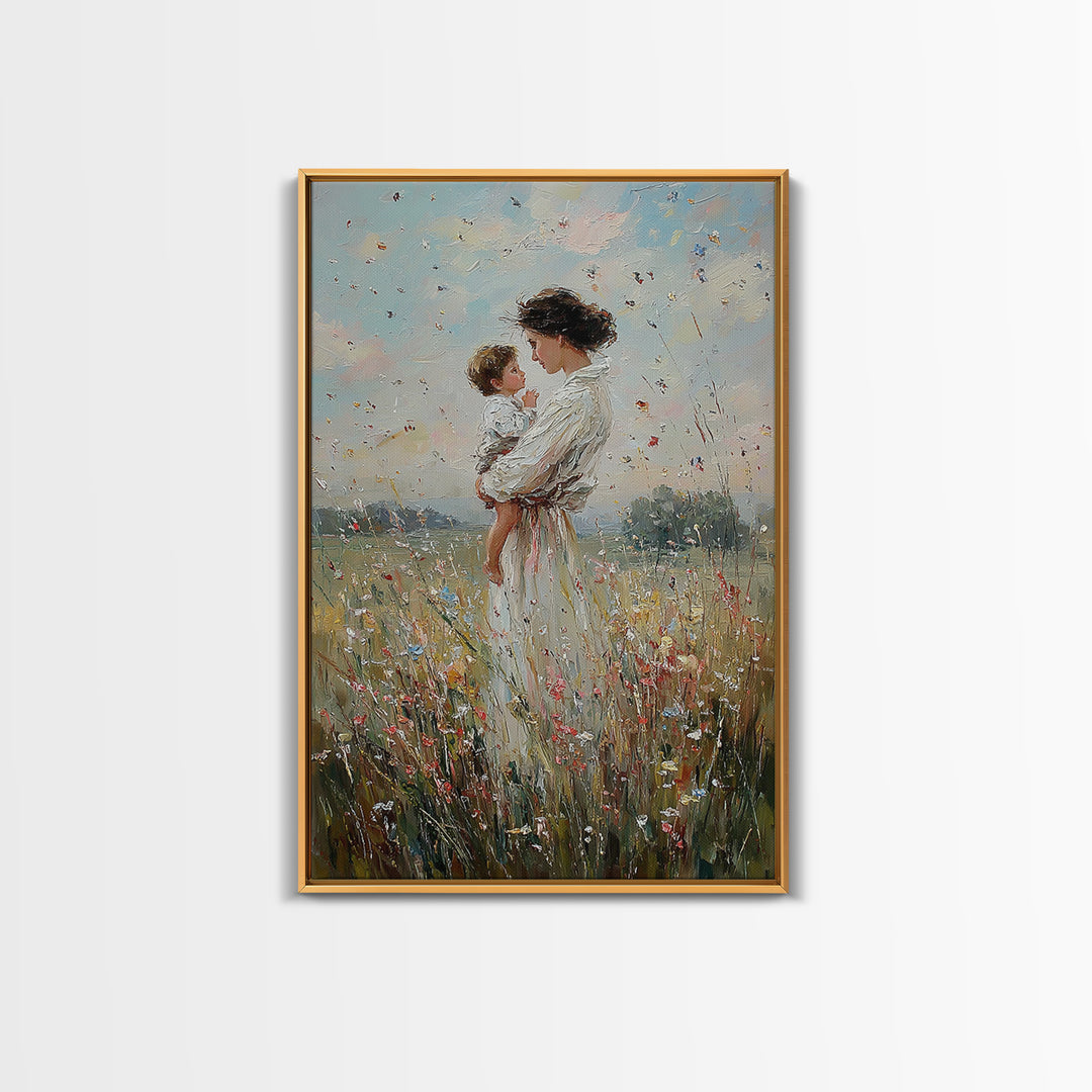 Mother And Baby In Windy Wildflower Meadow Canvas Print, Feminine Wall Art, Nursery Decor, Gift For Mom, Home Decor, Living Room Decor