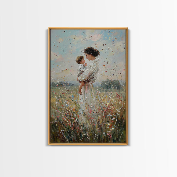 Mother And Baby In Windy Wildflower Meadow Canvas Print, Feminine Wall Art, Nursery Decor, Gift For Mom, Home Decor, Living Room Decor