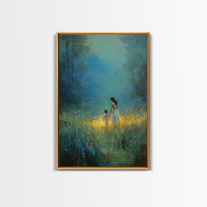 Mother And Child In Glowing Blue Forest Framed Canvas Print, Fantasy Wall Art, Nature Wall Art, Nursery Decor, Gift For Her