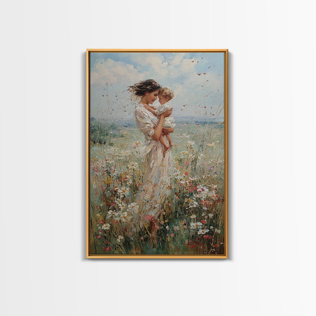 Mother Kissing Baby In Sunlit Wildflower Meadow Wall Art, Feminine Nursery Decor, Fine Art Print, Gift For Mom, Home Decor