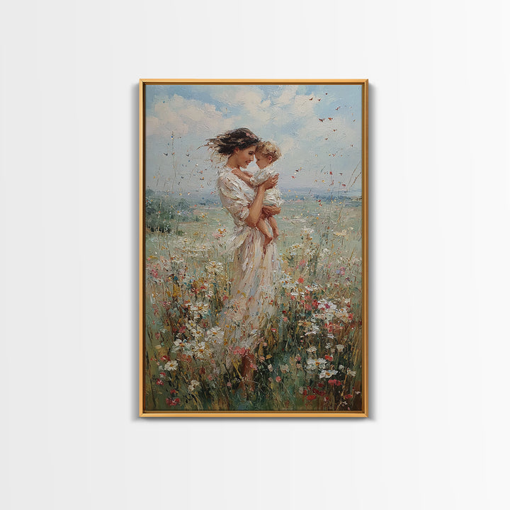 Mother Kissing Baby In Sunlit Wildflower Meadow Wall Art, Feminine Nursery Decor, Fine Art Print, Gift For Mom, Home Decor