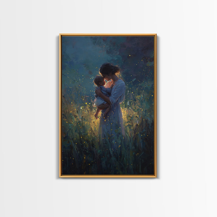 Mother And Baby With Golden Fireflies At Night Framed Canvas Print, Moody Wall Art, Spiritual Gift, Bedroom Wall Art, Nursery Decor