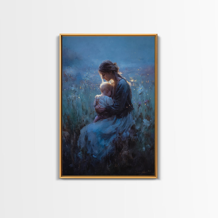 Seated Mother And Baby In Blue Twilight Meadow Wall Art, Moody Nursery Decor, Fine Art Print, Gift For Her, Home Decor, Living Room Decor