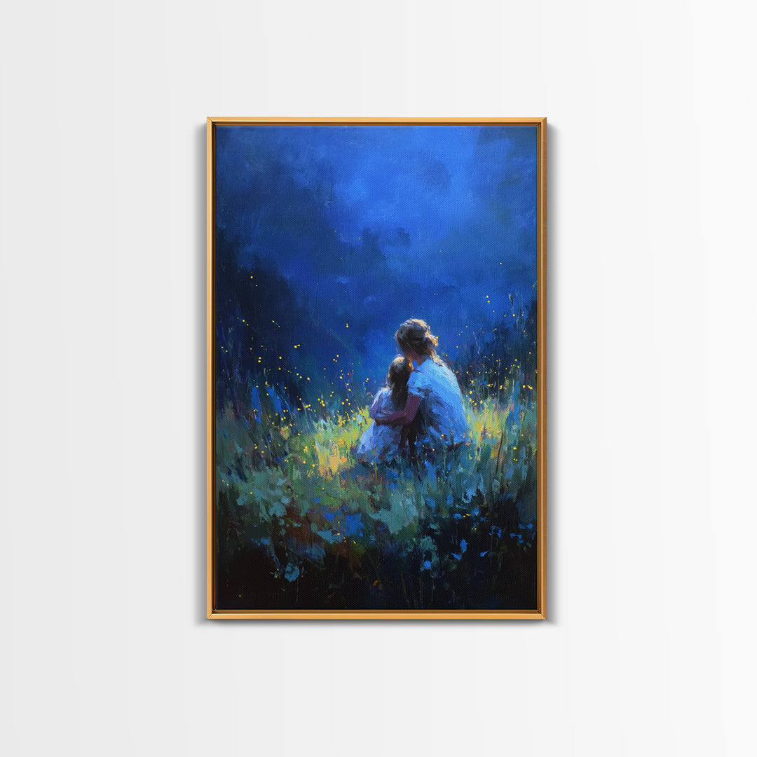 Mother And Child In Deep Blue Firefly Meadow Canvas Print, Moody Wall Art, Fantasy Decor, Nursery Wall Art, Gift For Her