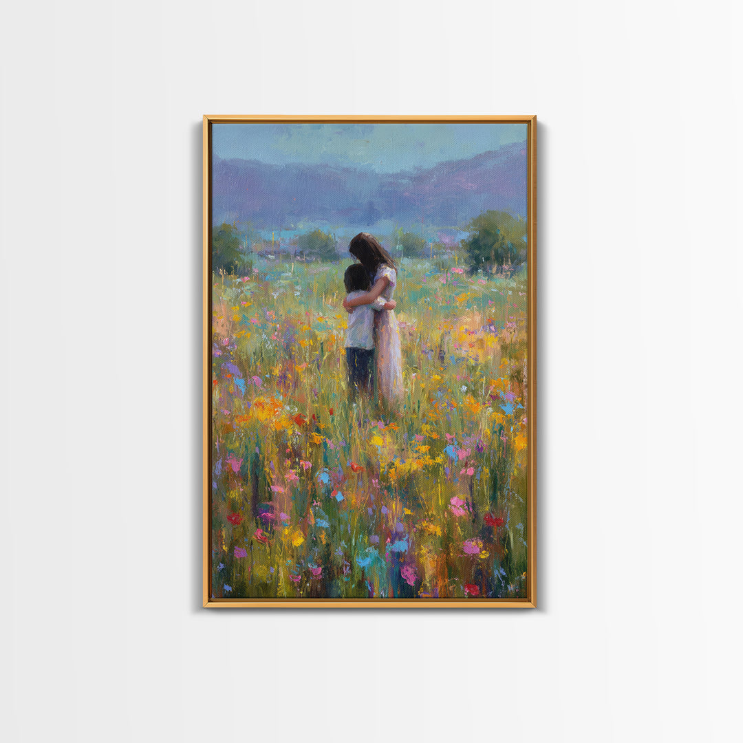 Mother And Child In Wildflower Meadow Wall Art, Impressionist Oil Painting Print, Floral Nursery Decor, Living Room Decor, Gift For Mom