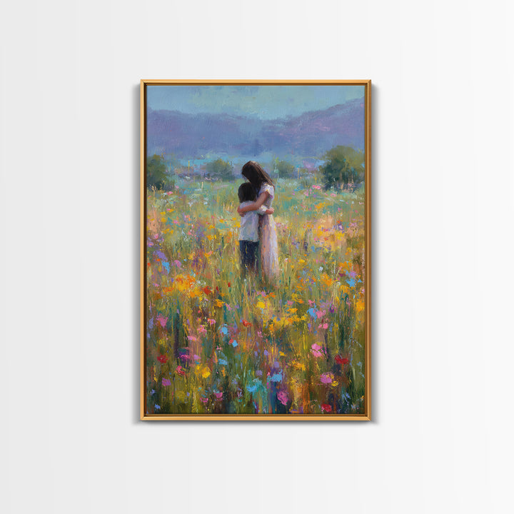 Mother And Child In Wildflower Meadow Wall Art, Impressionist Oil Painting Print, Floral Nursery Decor, Living Room Decor, Gift For Mom