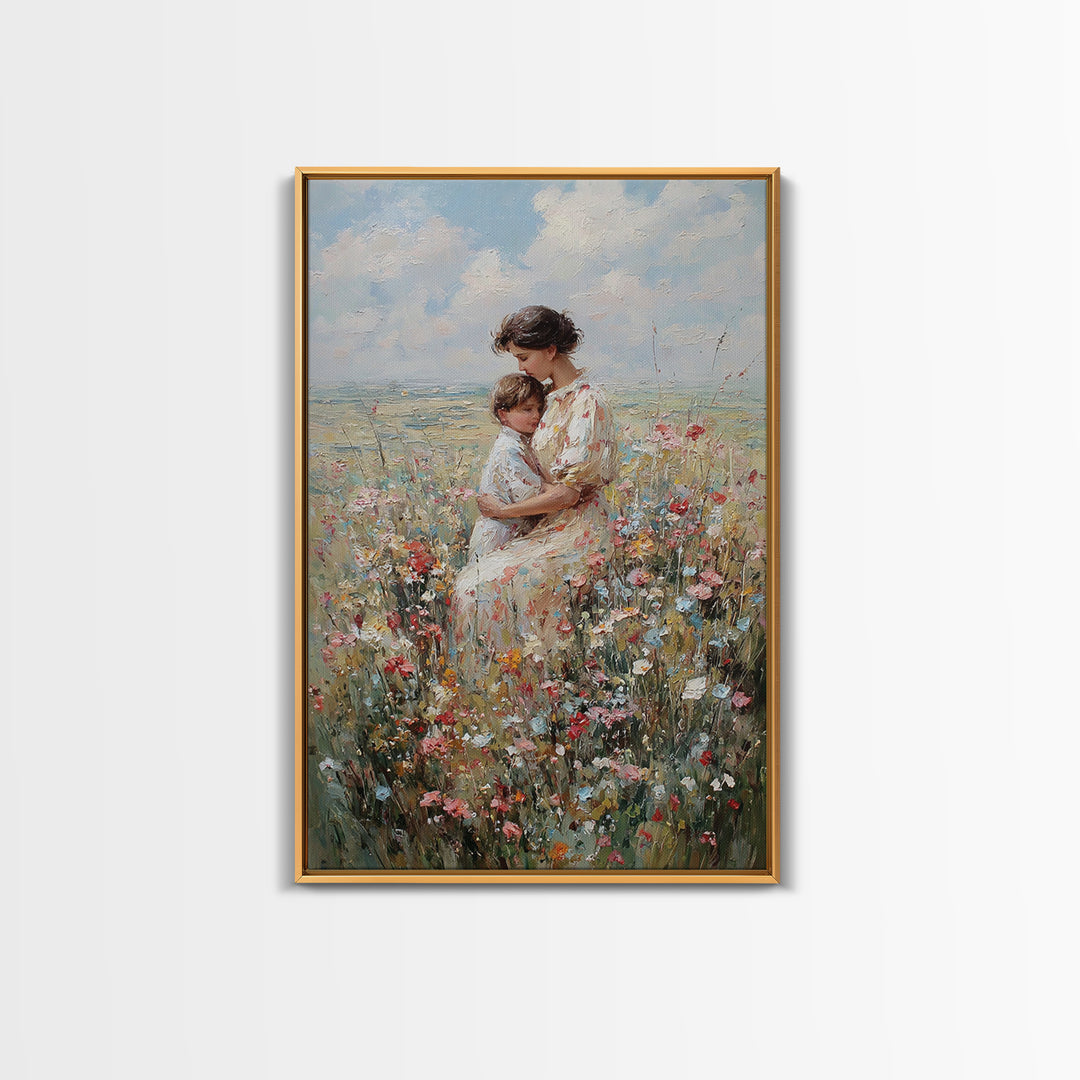 Seated Mother And Child In Coastal Wildflowers Canvas Print, Impressionist Floral Wall Art, Beach House Decor, Gift For Mom