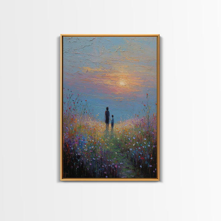 Parent And Child In Misty Wildflower Meadow Canvas Print, Textured Sunset Landscape Wall Art, Calming Living Room Decor Gift