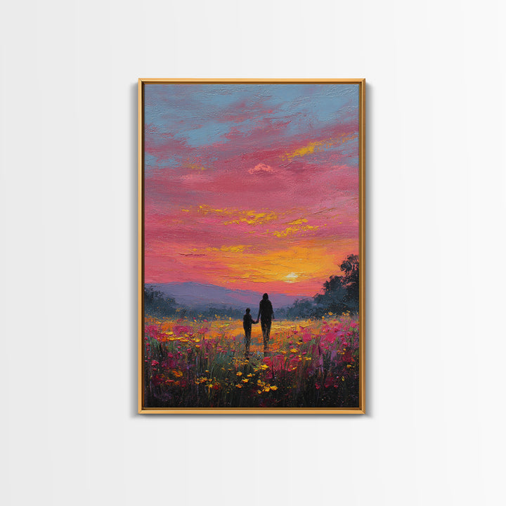 Father And Child Walking Through Pink Sunset Meadow Wall Art, Colorful Landscape Canvas Print, Family Gift, Bedroom Decor