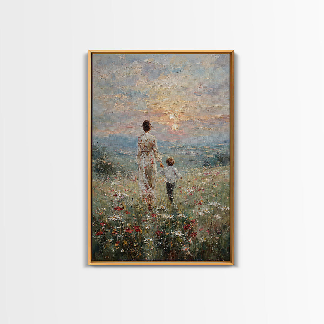 Mother And Son Walking In Wildflower Meadow Framed Canvas Print, Impressionist Sunset Wall Art, Family Gift, Warm Home Decor