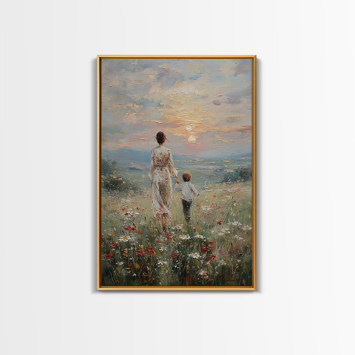 Mother And Son Walking In Wildflower Meadow Framed Canvas Print, Impressionist Sunset Wall Art, Family Gift, Warm Home Decor