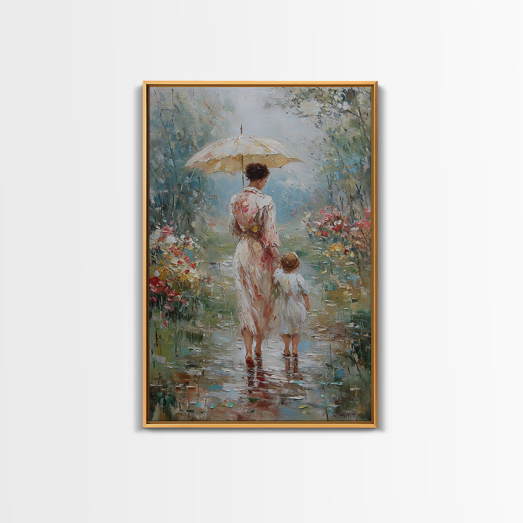 Mother And Child Under Umbrella In Rain Garden Wall Art, Impressionist Oil Painting, Nursery Decor, Gift For Mom, Living Room Decor