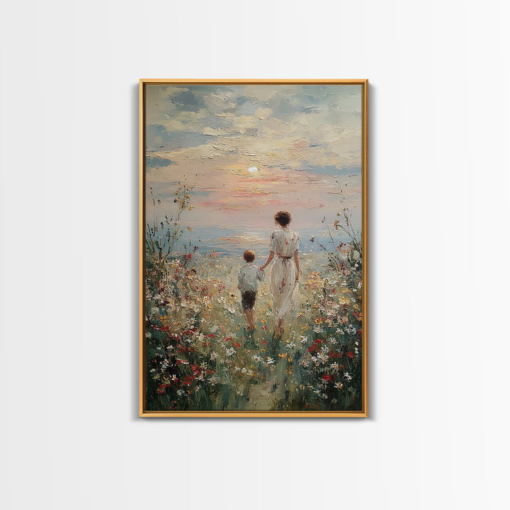 Mother And Child Sunset Seaside Wall Art, Wildflower Path Oil Painting, Coastal Decor, Gift For Mom, Living Room Art, Fine Art Print