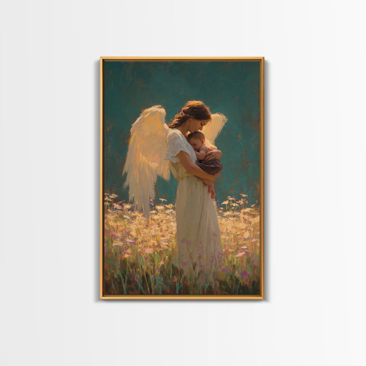 Guardian Angel Holding Baby In Flower Meadow Framed Canvas Print, Spiritual Wall Art, Nursery Decor, Gift For Mom, Baby Shower Gift