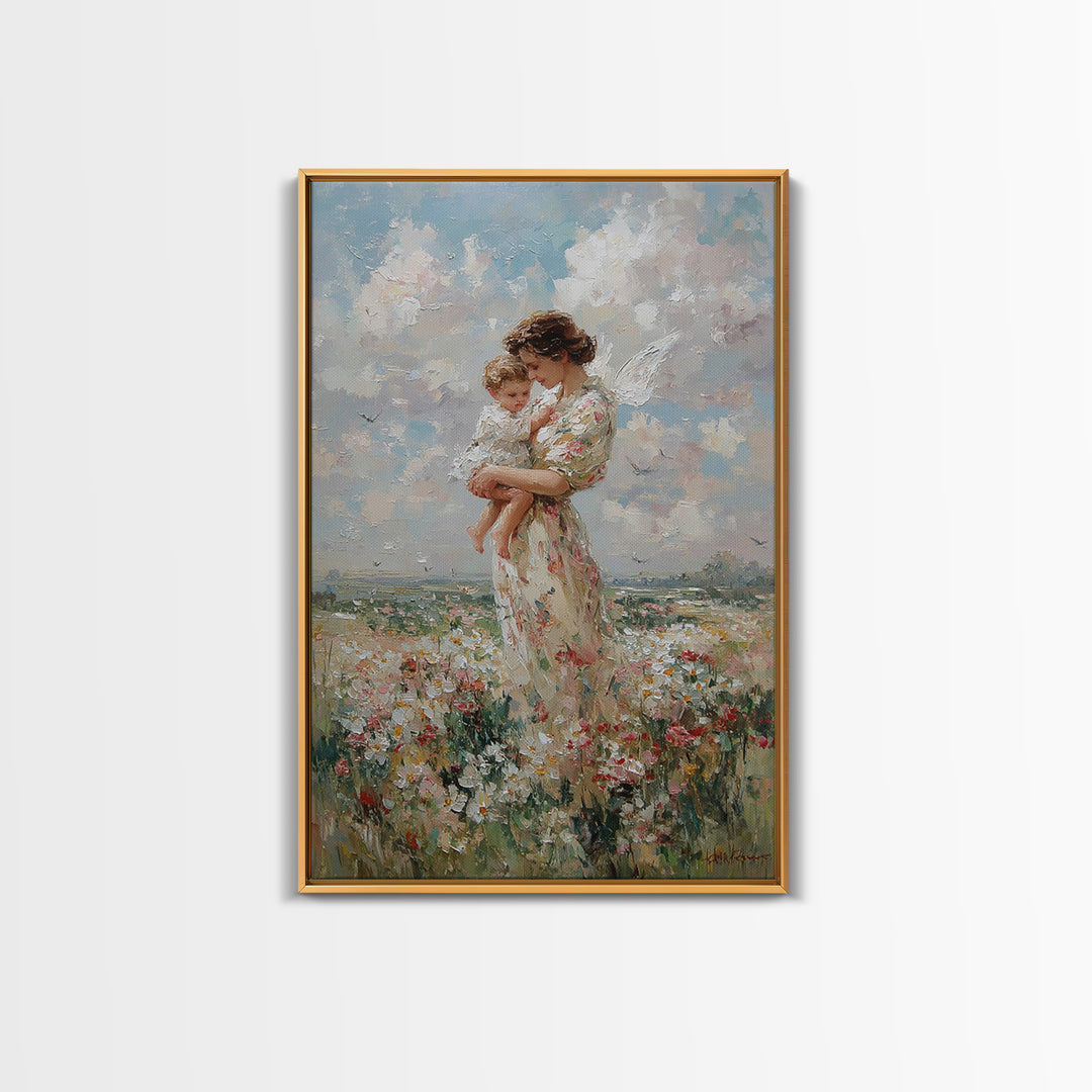 Mother Holding Baby In Daisy Meadow Wall Art, Impressionist Oil Painting, Nursery Decor, Gift For Mom, Fine Art Print, Living Room Decor