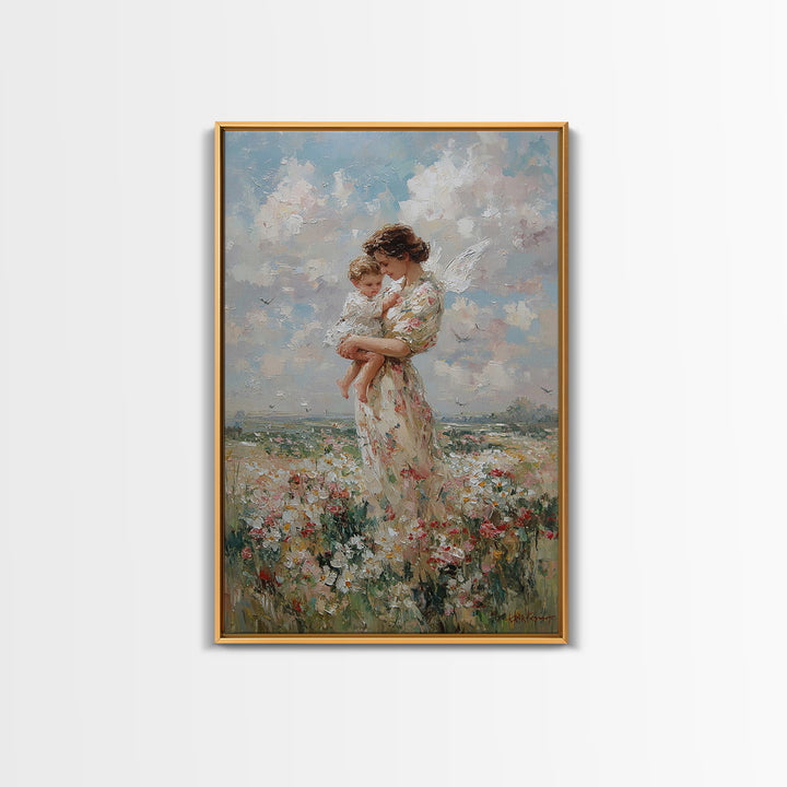 Mother Holding Baby In Daisy Meadow Wall Art, Impressionist Oil Painting, Nursery Decor, Gift For Mom, Fine Art Print, Living Room Decor