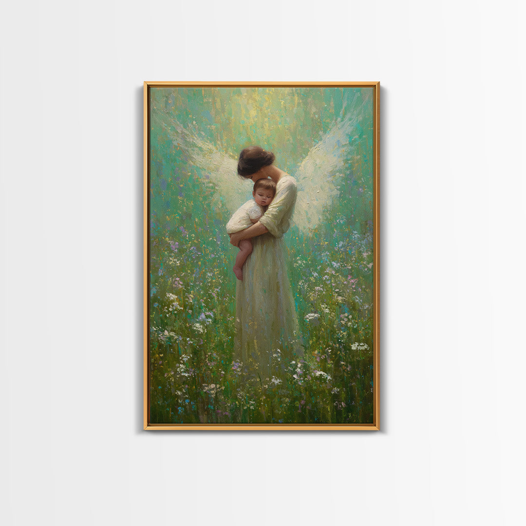 Soft Guardian Angel Holding Baby In Green Meadow Canvas Print, Spiritual Wall Art, Nursery Decor, Baby Shower Gift, Gift For Mom