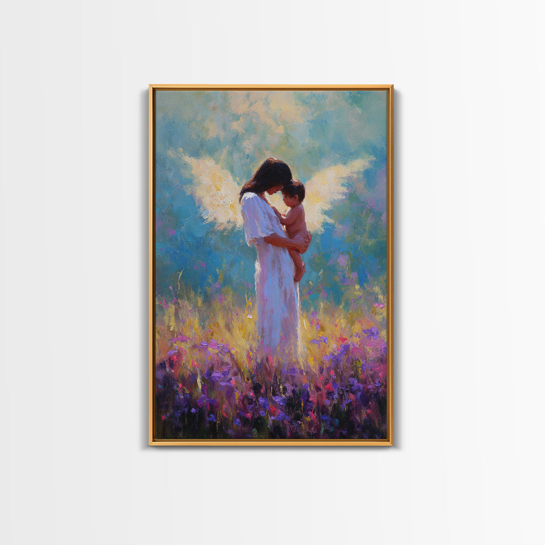 Angel Mother And Baby In Purple Wildflower Field Framed Canvas Print, Spiritual Wall Art, Nursery Decor, Gift For Mom, Baby Shower Gift