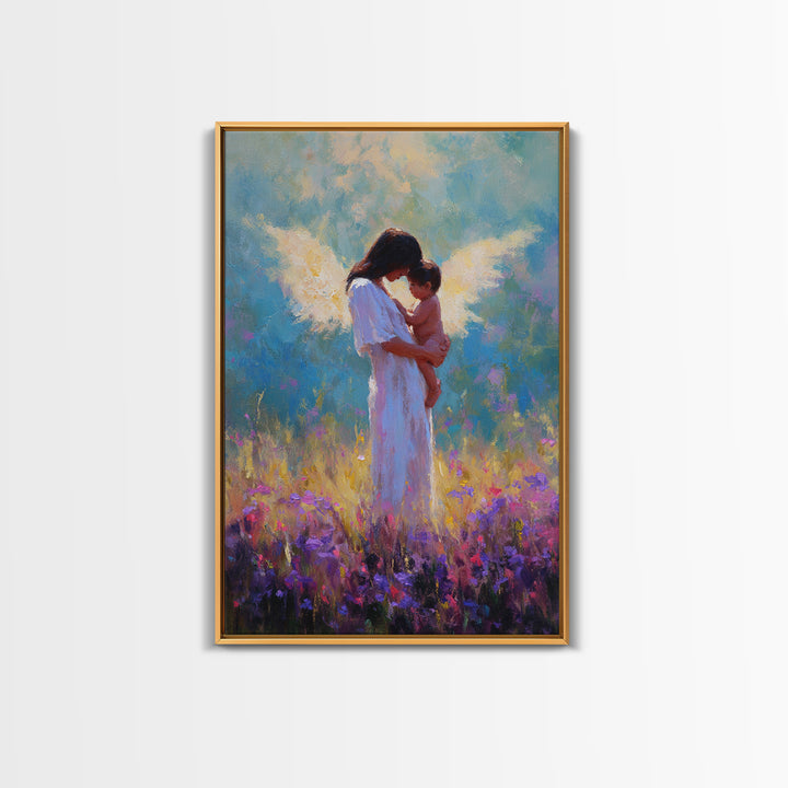 Angel Mother And Baby In Purple Wildflower Field Framed Canvas Print, Spiritual Wall Art, Nursery Decor, Gift For Mom, Baby Shower Gift