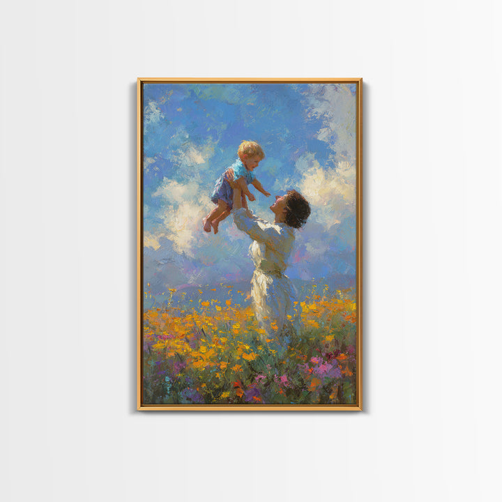 Mother Lifting Child Into Blue Sky Canvas Print, Joyful Wildflower Oil Painting, Nursery Decor, Gift For Mom, Living Room Decor