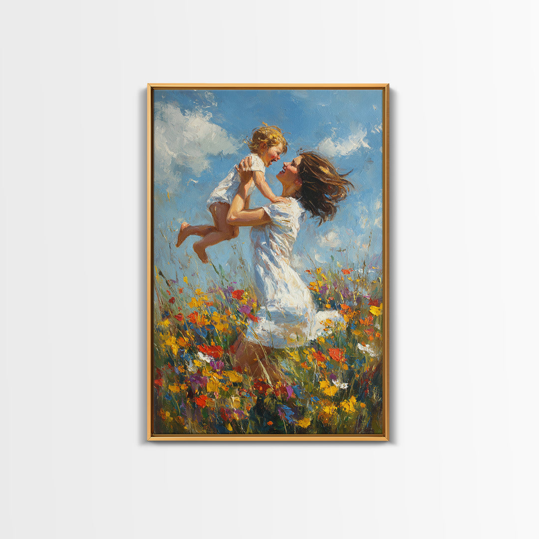 Mother And Child In Wildflower Meadow Wall Art, Impressionist Oil Painting Print, Nursery Decor, Gift For Mom, Feminine Home Decor