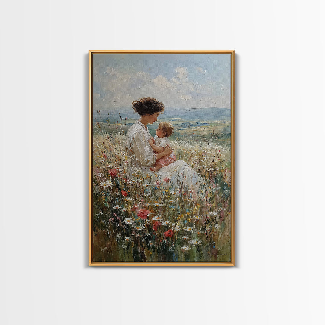 Mother And Baby In Hillside Wildflowers Framed Canvas Print, Impressionist Landscape Wall Art, Nursery Decor, Gift For Her