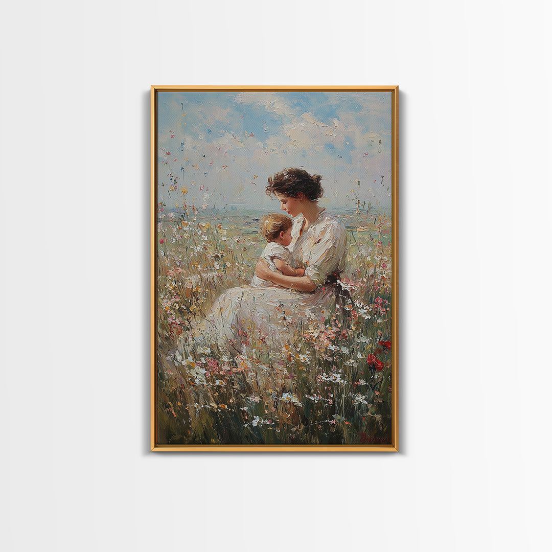 Nursing Mother And Baby In Wildflower Meadow Wall Art, Impressionist Oil Painting Print, Feminine Nursery Decor, Gift For Mom