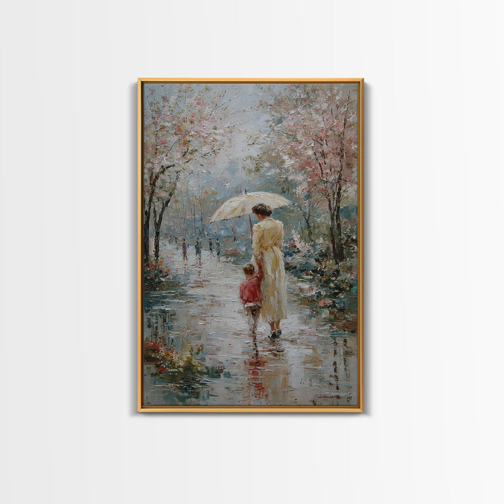 Mother And Child In Spring Rain Wall Art, Impressionist Umbrella Painting, Floral Path Canvas, Nursery And Living Room Decor