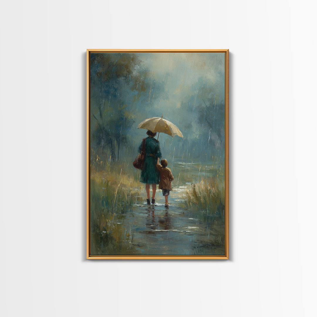Mother And Child Rainy Pond Canvas Print, Moody Blue Impressionist Landscape Art, Umbrella Painting For Bedroom Decor, Home Decor