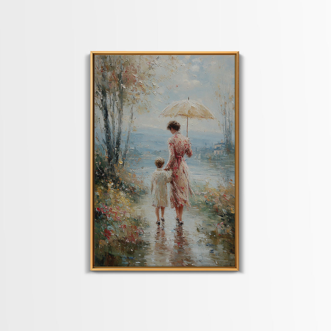 Mother And Child By Misty Lake Framed Canvas Print, Romantic Umbrella Painting, Coastal Floral Living Room Wall Decor Art