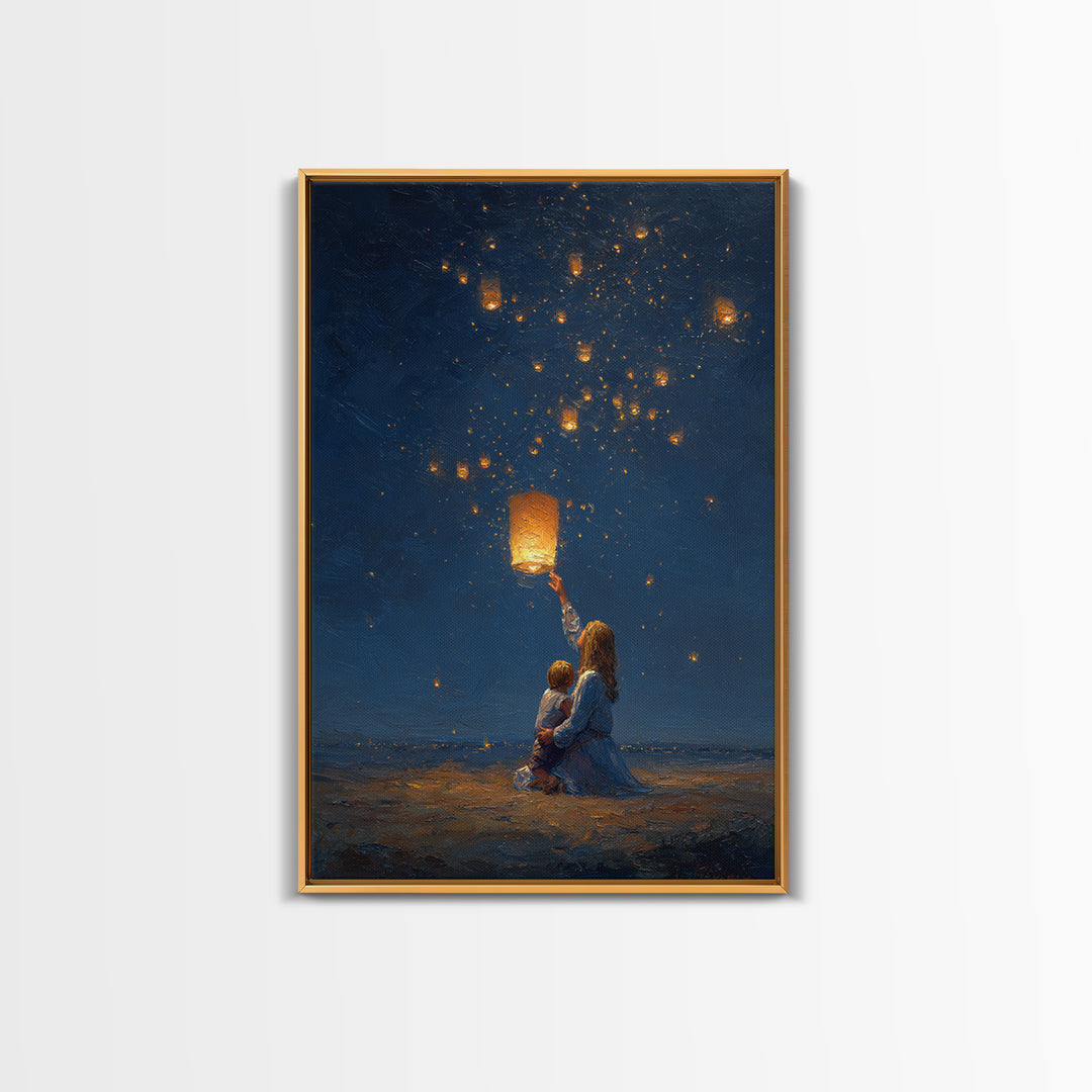 Mother And Child Releasing Sky Lantern Canvas Print, Starry Night Beach Wall Art, Celestial Nursery And Bedroom Decor Gift