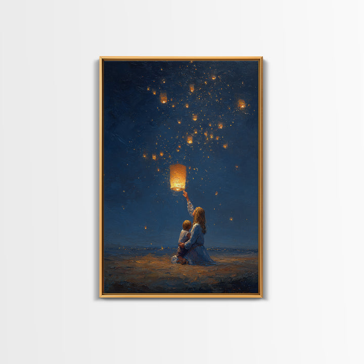 Mother And Child Releasing Sky Lantern Canvas Print, Starry Night Beach Wall Art, Celestial Nursery And Bedroom Decor Gift