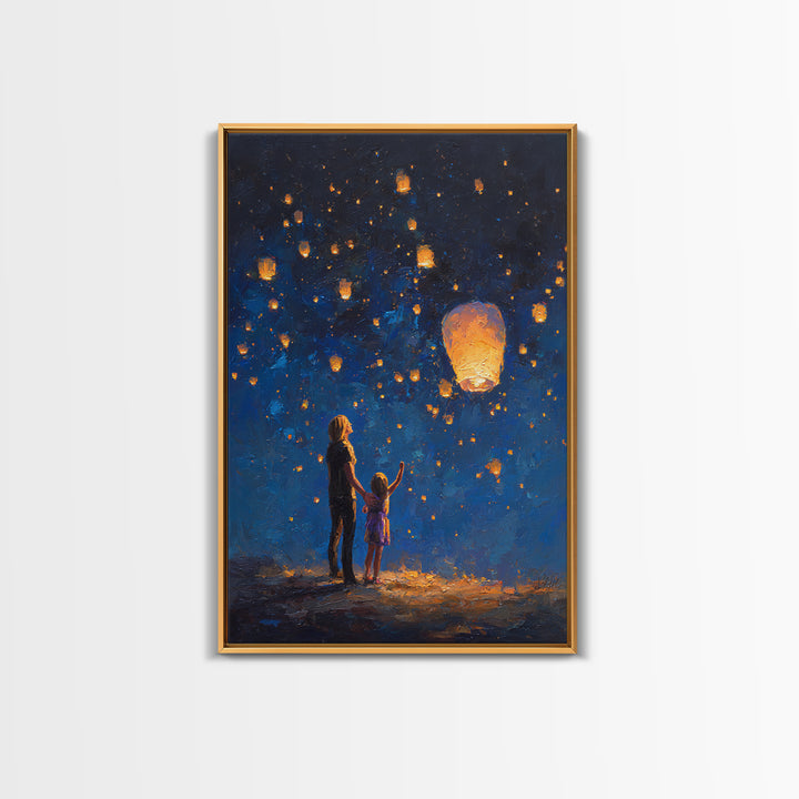 Mother And Daughter Lantern Festival Wall Art, Blue Night Celestial Canvas Print, Family Nursery Home Decor And Gift For Her