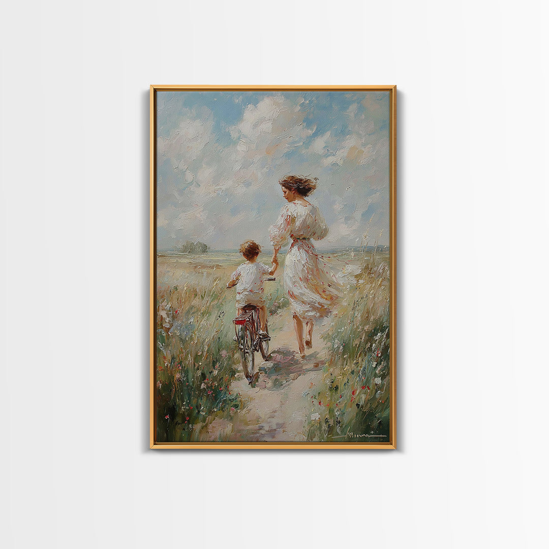 Mother In White Dress Walking With Child On Bicycle Canvas Print, Coastal Meadow Wall Art, Impressionist Family Home Decor