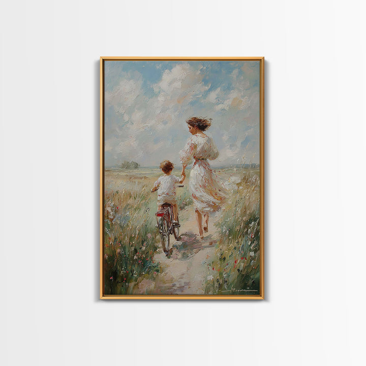 Mother In White Dress Walking With Child On Bicycle Canvas Print, Coastal Meadow Wall Art, Impressionist Family Home Decor