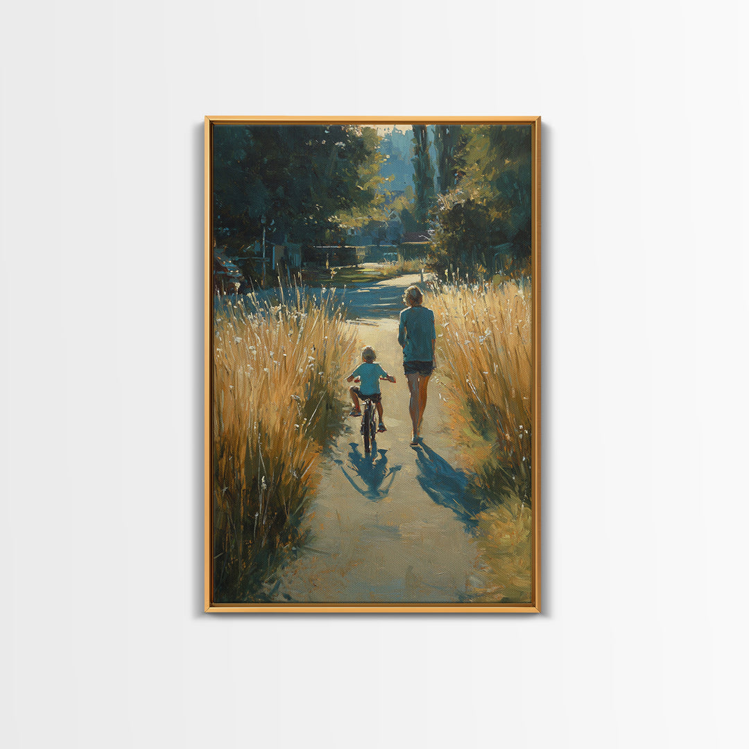 Backlit Mother And Child By Golden River Path Canvas Print, Nature Wall Art, Warm Rustic Living Room Decor, Gift For Her