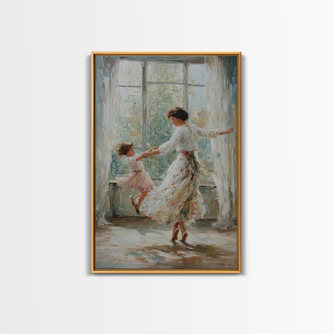 Mother And Daughter Dancing In Bright Sunlit Window Canvas Print, Impressionist Wall Art, Feminine Bedroom Decor, Gift For Mom