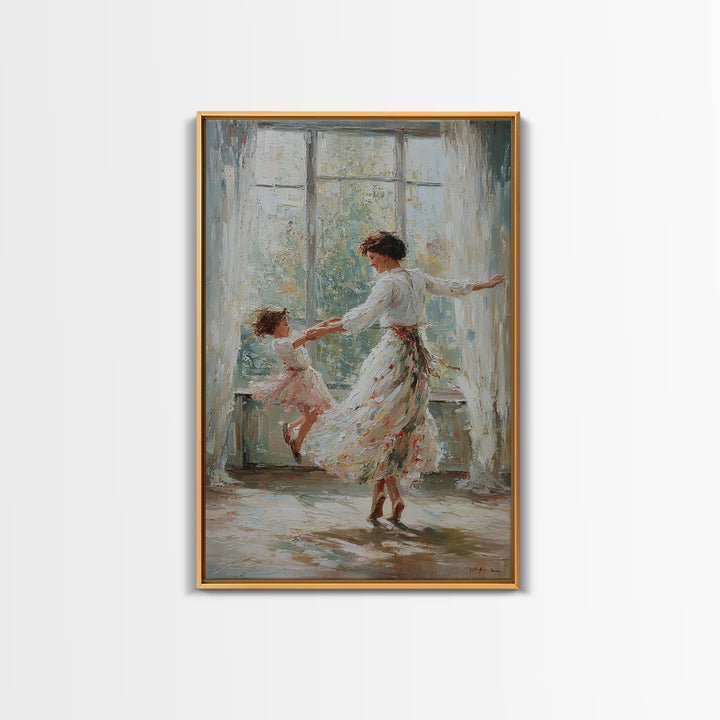 Mother And Daughter Dancing In Bright Sunlit Window Canvas Print, Impressionist Wall Art, Feminine Bedroom Decor, Gift For Mom