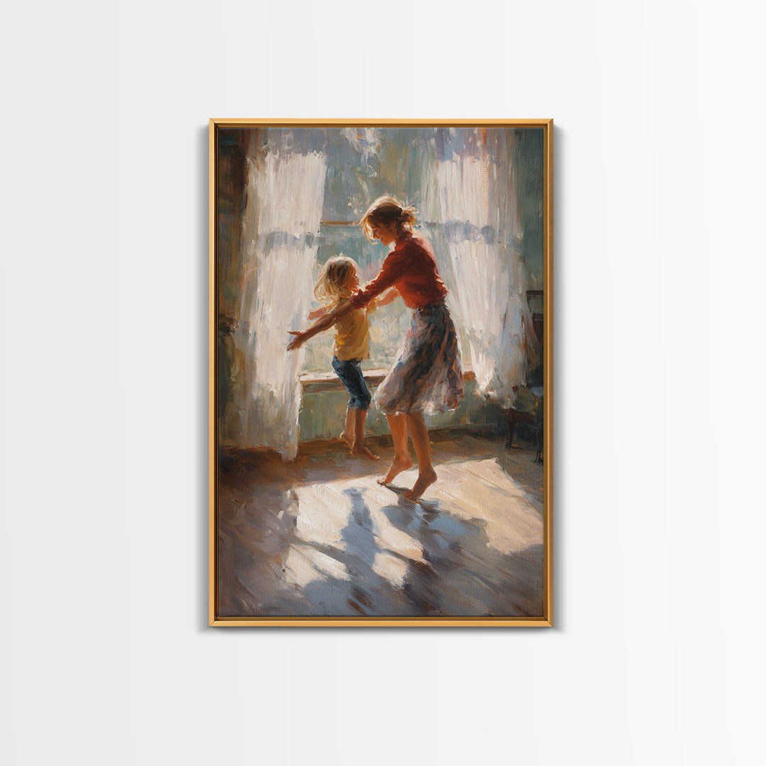 Sunlit Mother And Child Dancing By Lace Curtains Canvas Print, Impressionist Wall Art, Cozy Family Home Decor, Gift For Mom