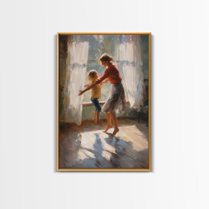 Sunlit Mother And Child Dancing By Lace Curtains Canvas Print, Impressionist Wall Art, Cozy Family Home Decor, Gift For Mom